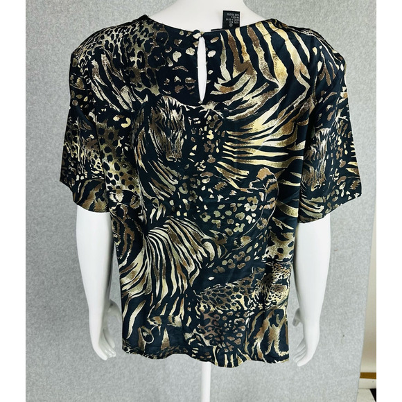 FU DA Womans Sz Medium Blouse Black Animal Print 100% Silk Short Sleeve - Picture 4 of 8